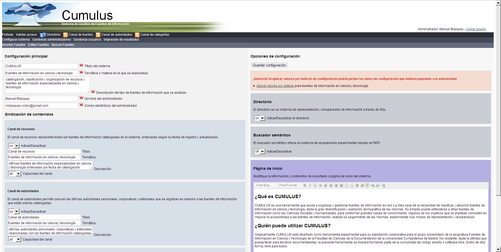 Pantalla de configuración del sistema