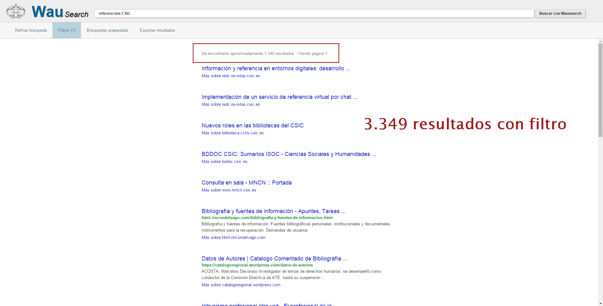 El número de resultados filtrados se reduce a 3.349, que corresponden a contenidos no disponibles en Google